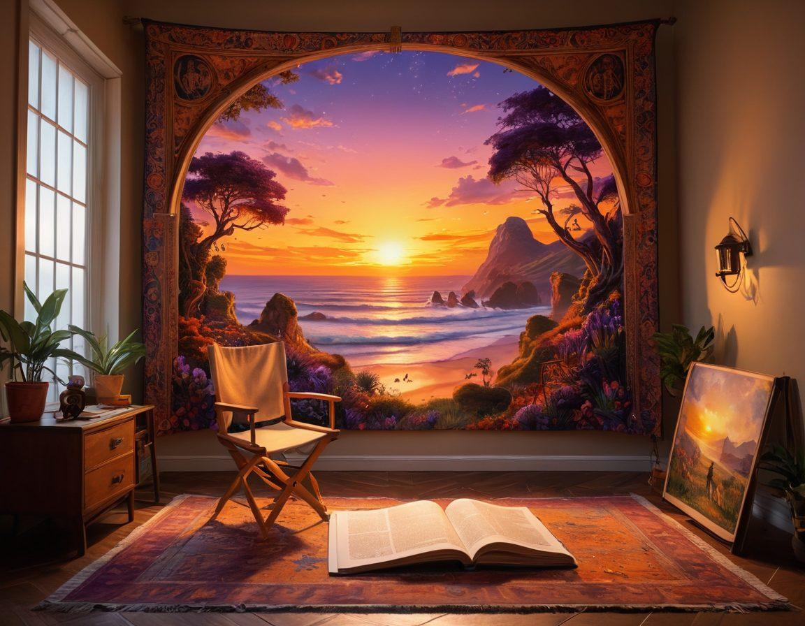 A mesmerizing scene of a film reel unfurling into a vibrant tapestry of characters and landscapes that capture the essence of diverse storytelling. In the foreground, a director's chair sits under a spotlight, with a notebook filled with sketches that depict various genres like fantasy, romance, and thrillers. The backdrop features a cinematic sunset blending warm and cool colors, symbolizing the emotional journey of storytelling. Super-realistic. Vibrant colors. 3D.