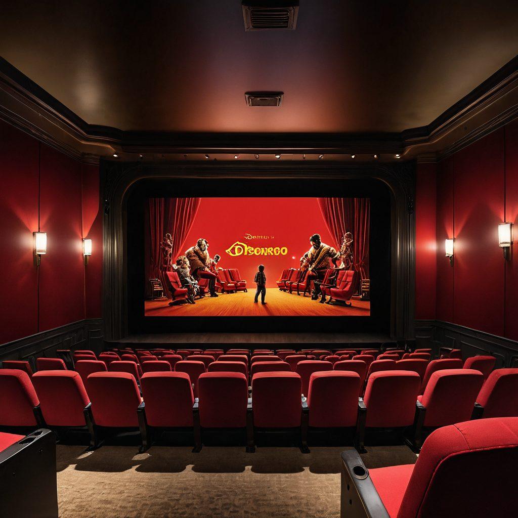 A captivating cinematic scene showcasing a beautifully lit movie theater with plush red seats, a large screen displaying a vibrant film scene filled with action and emotion, and film reels elegantly scattered around. The ambiance should evoke nostalgia and excitement, with a subtle spotlight illuminating the film's posters on the walls. Incorporate elements of storytelling through visual symbolism in the details. super-realistic. vibrant colors. cinematic atmosphere.